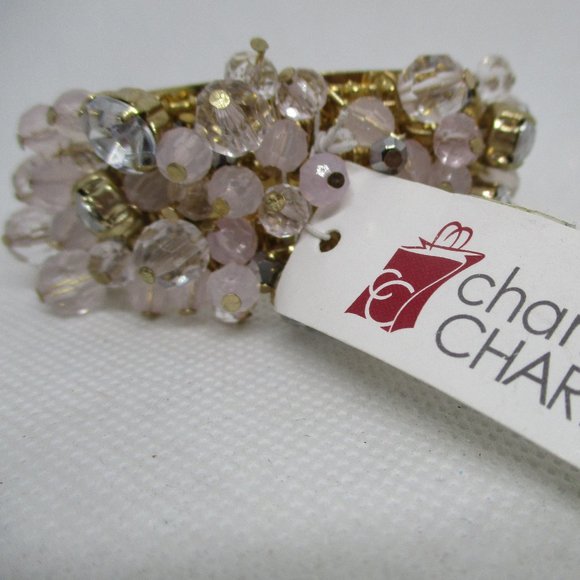 Charming Charlie Rhinestone Beaded Cuff Bracelet Large Rhinestones Pink Faceted - Picture 2 of 8